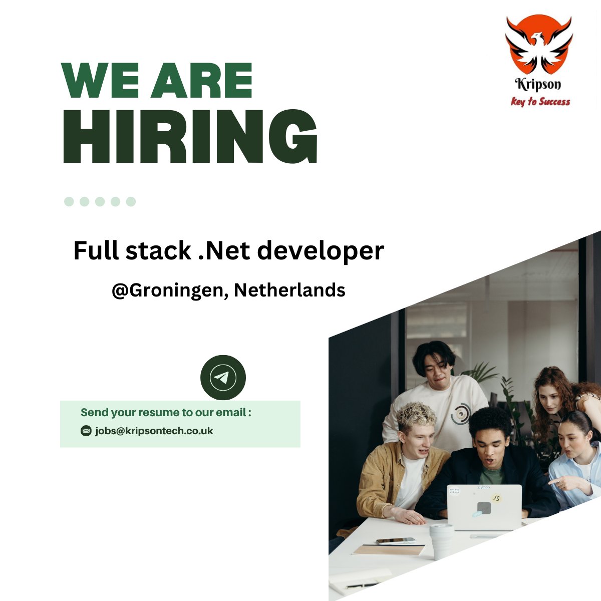 KripsonTech's tweet photo. We're Hiring!

Position: Full Stack .NET Developer
Location: Groningen, Netherlands (Hybrid)

Apply now!
📧 Send your CV to: jobs@kripsontech.co.uk

#Hiring #JobOpening #FullStackDeveloper #DotNetDeveloper #GroningenJobs #TechJobs #KripsonTech #HybridJobs #SoftwareDevelopment https://t.co/Z2ifEqoJew