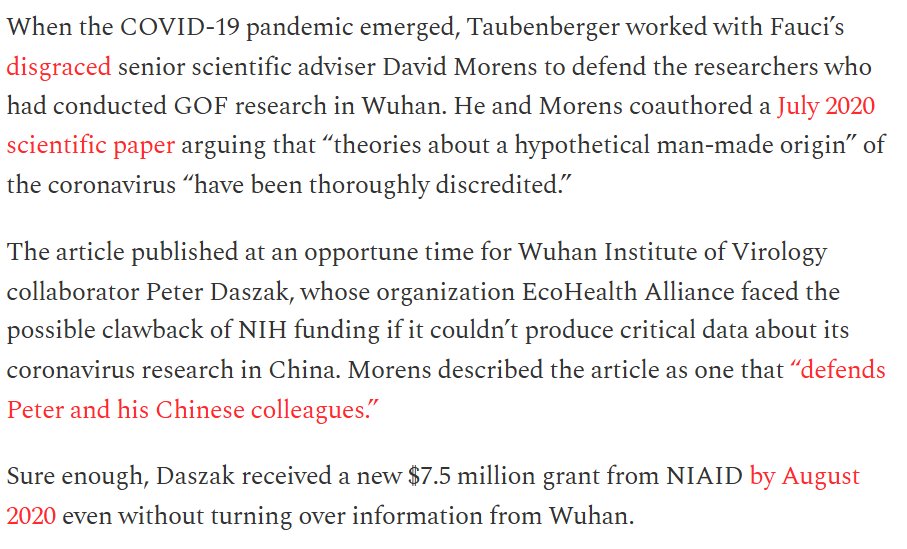 Taubenberger worked closely with Fauci to defend gain-of-function research at two crucial moments:

In 2011: When experiments to generate an airborne 50% fatal bird flu virus drew concerns. Taubenberger called scientists with concerns “THE COMPLANING CROWD.”

In 2020: When COVID
