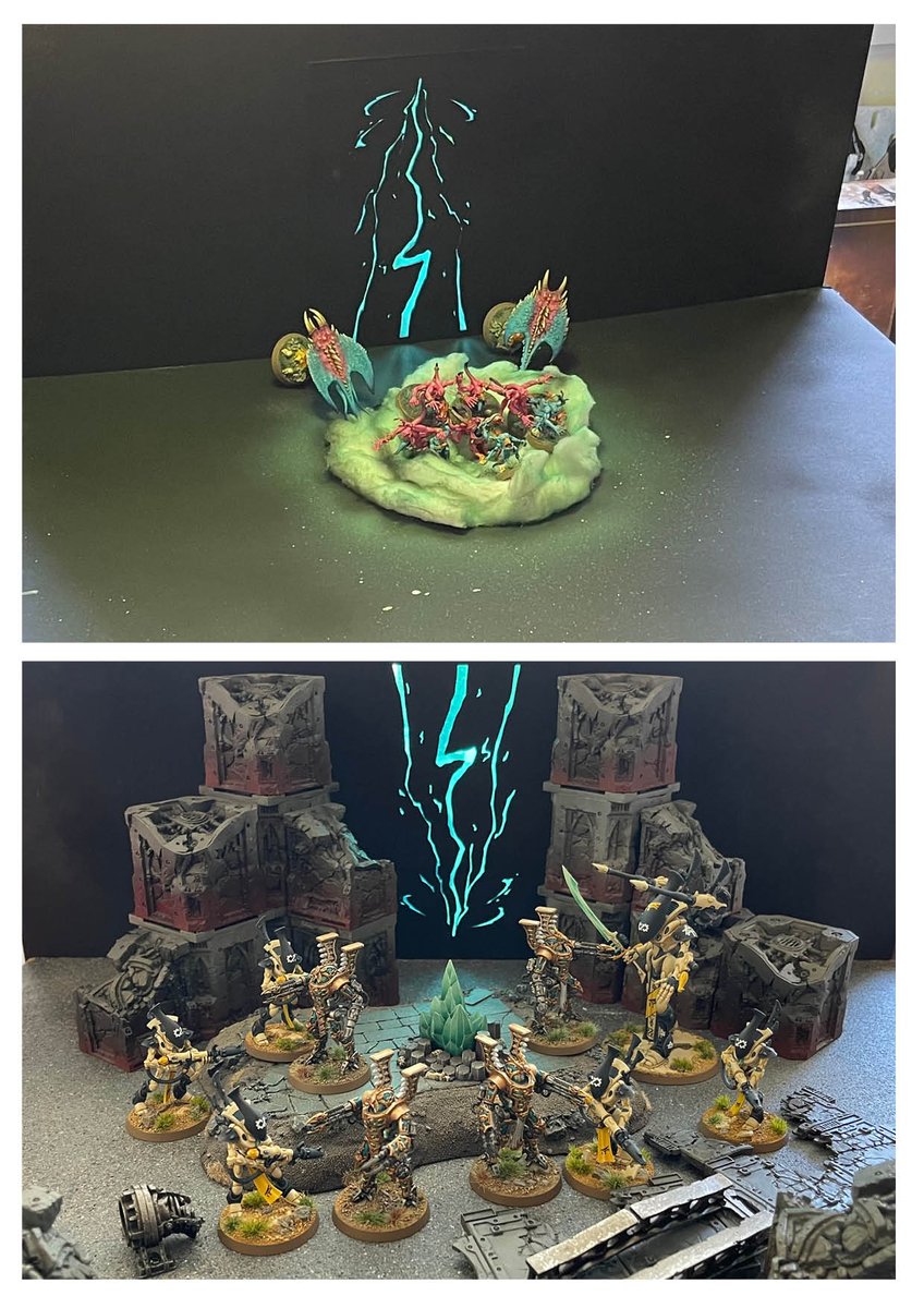 Games Workshop asked me if I'd like to create a diorama using the new Sekhetars, as i'm working on Aeldari, I thought Wraith against the Machine was cool. My submission was actually 2 photos merged together, cut outs, cotton wall and some flash photography realised my vision.