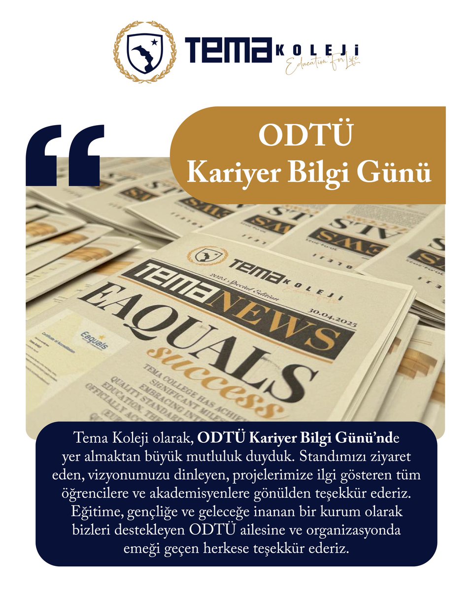 Tema Koleji olarak, ODTÜ Kariyer Bilgi Günü’nde yer almaktan büyük mutluluk duyduk. Standımızı ziyaret eden, vizyonumuzu dinleyen, projelerimize ilgi gösteren tüm öğrencilere ve akademisyenlere gönülden teşekkür ederiz.