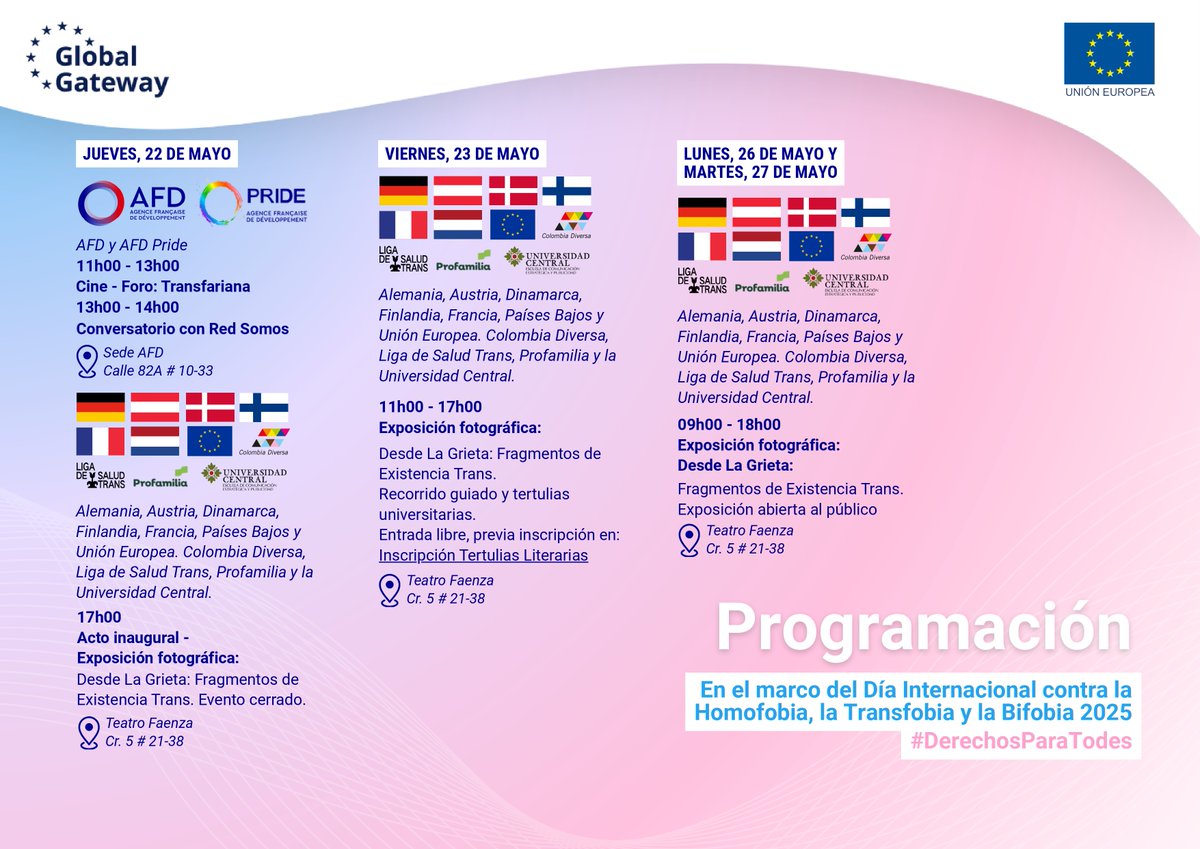 🌈En el marco del Día Internacional contra la Homofobia, la Transfobia y la Bifobia – #IDAHOT2025, que tendrá lugar este sábado 17 de mayo, diversas misiones diplomáticas y organizaciones de la sociedad civil hemos preparado una agenda de actividades que reafirman una verdad