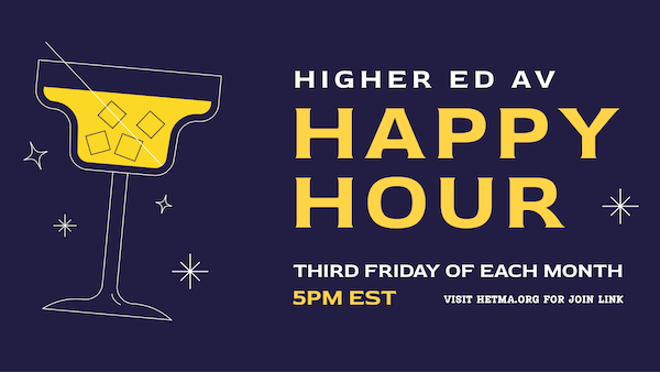 HigherEdAV's tweet photo. Today's the 3rd Friday of the month!
That means Higher Ed AV Happy Hour! See y'all on Zoom at 5pm EST (2pm PST / 10pm UK / 7am Sydney).
Find the join link here: https://t.co/HdGTEdRhnB
#highered #edtech #avtweeps #higheredav #hetma #happyhour #virtualbeforeitwascool https://t.co/768JsxWMes