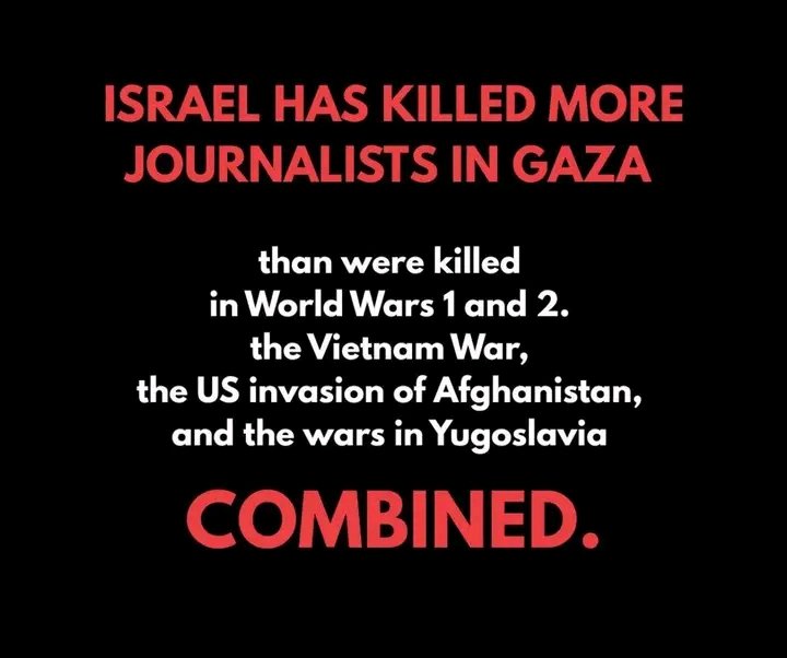 stoooray's tweet image. More than 200 journalists and media workers have been killed by Israeli forces in #Gaza since October 2023, according to the Palestinian Journalists Syndicate, making it the deadliest ever conflict for journalists.
#IsraelTerroristState 
#GazaGenocide