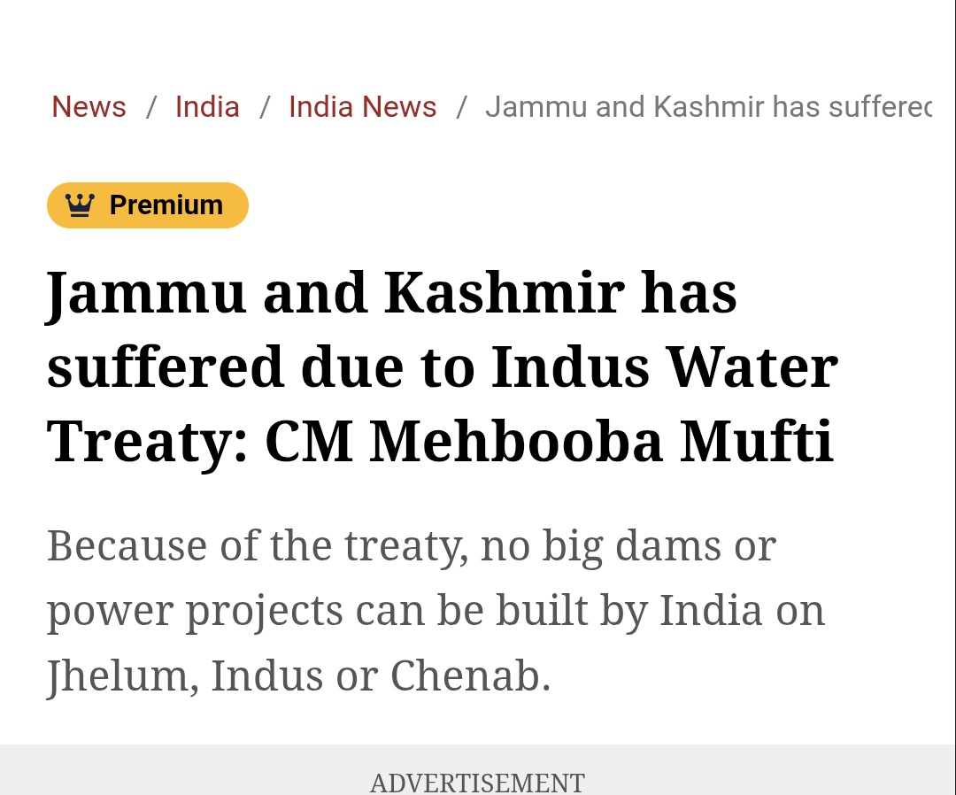 In 2002, then Chief Minister Mufti Sayed (<a href="/jkpdp/">J&K PDP</a>) led the Jammu and Kashmir assembly to pass a resolution opposing the Indus Waters Treaty, calling for its termination.

In 2016, Ms Mehbooba Mufti described the treaty as "inequitable."

In 2025, Ms Mehbooba Mufti took a complete
