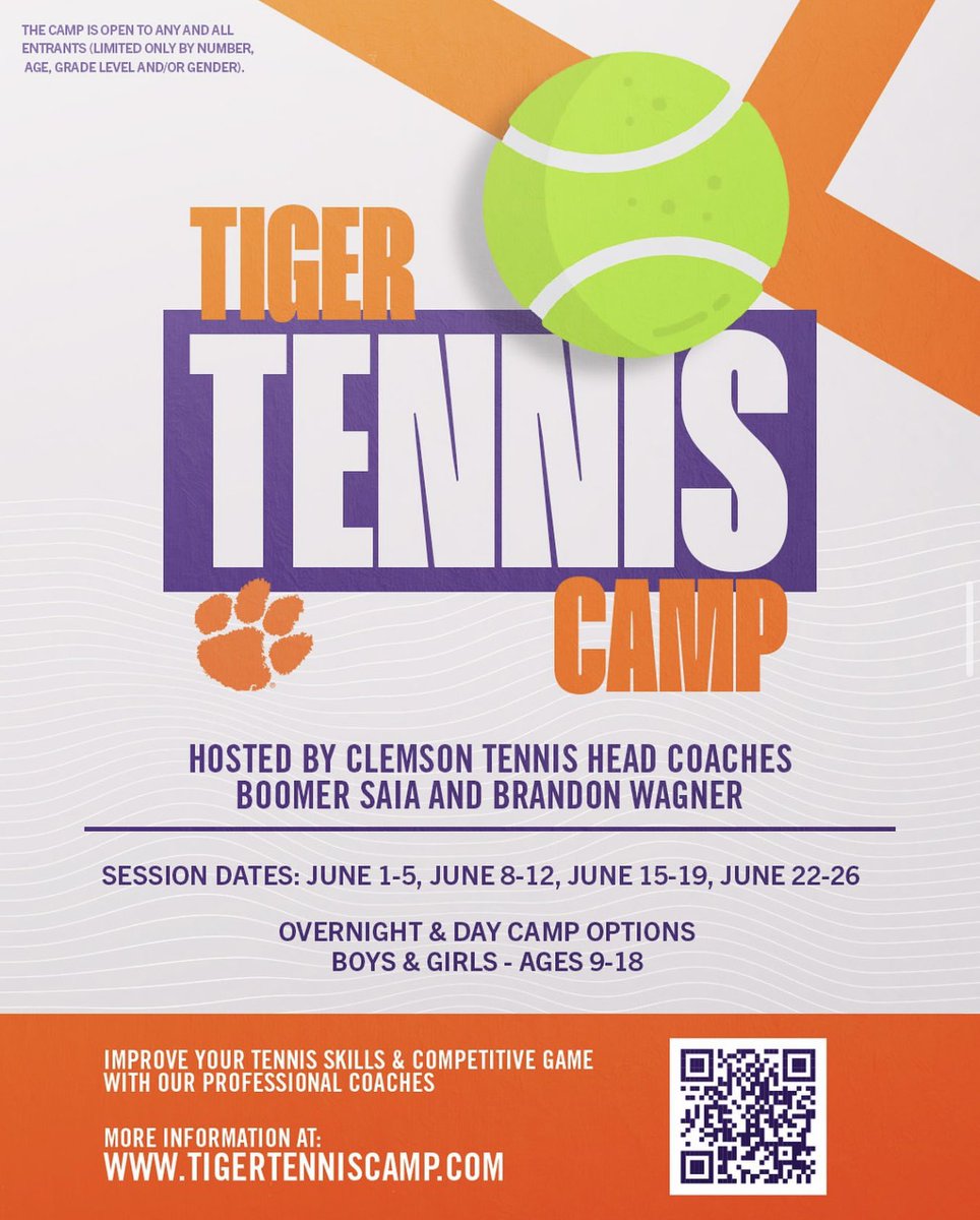 ClemsonMTennis's tweet image. Calling all future Tigers, get ready to learn from the best! 😁
Don’t wait, spots are filling up fast! Secure your place today at tigertenniscamp.com!