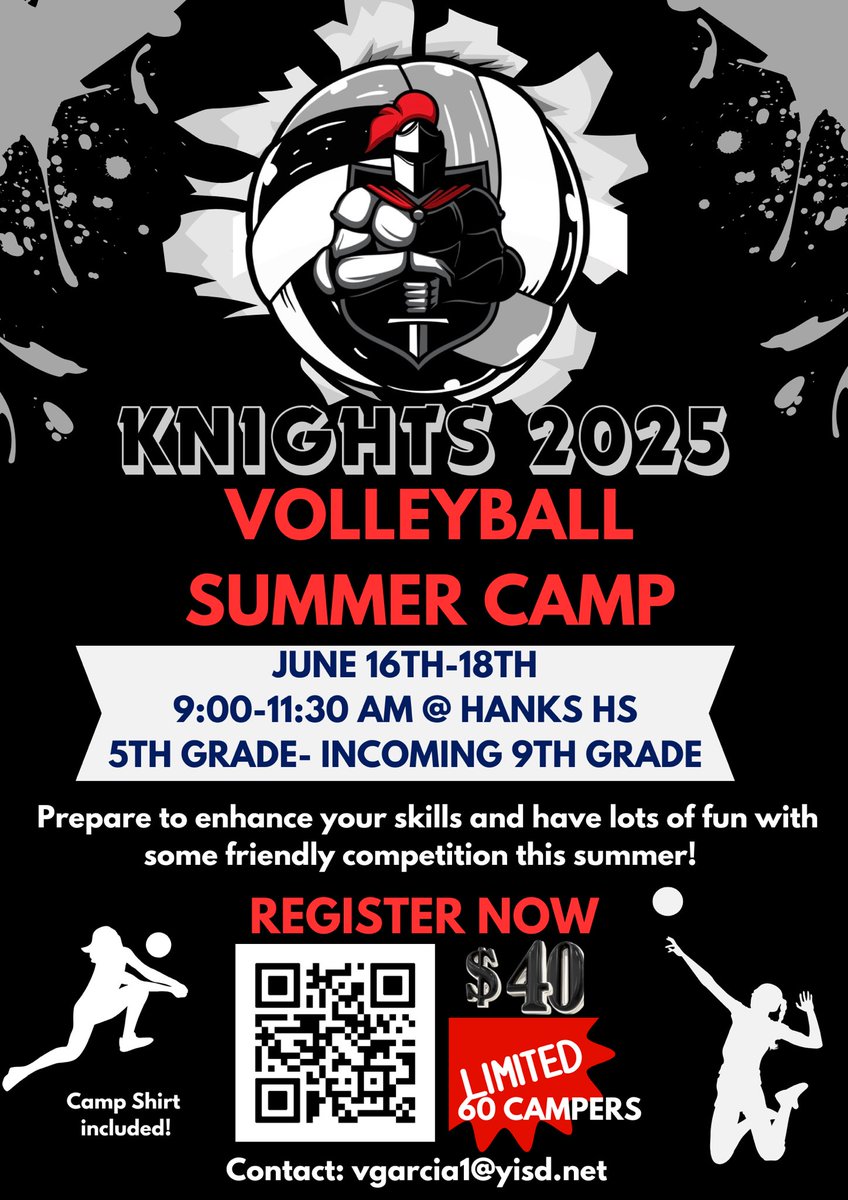 Hanks Volleyball (@hanksvb_knights) on Twitter photo Hanks Volleyball wants you at our summer camp on June 16th-18th! 🏐😎 Lots of friendly competition, skills, drills and having fun! 🖤🩶❤️
📲 scan the QR code or click on the link to register. ⬇️
ysletaisd.schoolcashonline.com/Fee/Details/14…
📍<a href="/JMHanksHigh/">J.M. Hanks High School</a>
#BeYou
#KnighysVolleyball Hanks Volleyball wants you at our summer camp on June 16th-18th! 🏐😎 Lots of friendly competition, skills, drills and having fun! 🖤🩶❤️
📲 scan the QR code or click on the link to register. ⬇️
ysletaisd.schoolcashonline.com/Fee/Details/14…
📍<a href="/JMHanksHigh/">J.M. Hanks High School</a>
#BeYou
#KnighysVolleyball