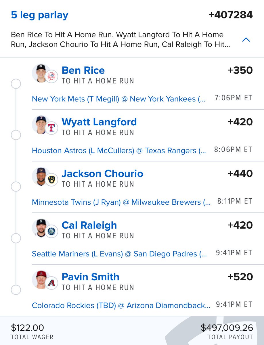 OutofLineBets's tweet photo. +407284 HR LOTTO ⚾️

$1,000 to 10 followers who like if we cash! ❤️ https://t.co/Wb9bkFvvIt