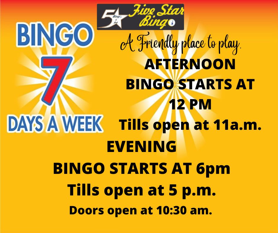 FiveStar_CGY's tweet photo. FRIDAY - AFT - DISCOUNT PRICING.
GOLD, RUBY &amp; HI-COMBO CARDS.
$71,139 - DOUBLE ACTION in #35 or less.
Doors open at 10:30 am.
Five Star Bingo &amp; Pub - 4980 -25th St. SE Calgary, AB
A friendly place to play.
For more pot info:https://t.co/hrUvVZhTdj https://t.co/hE9DgMM5Xc