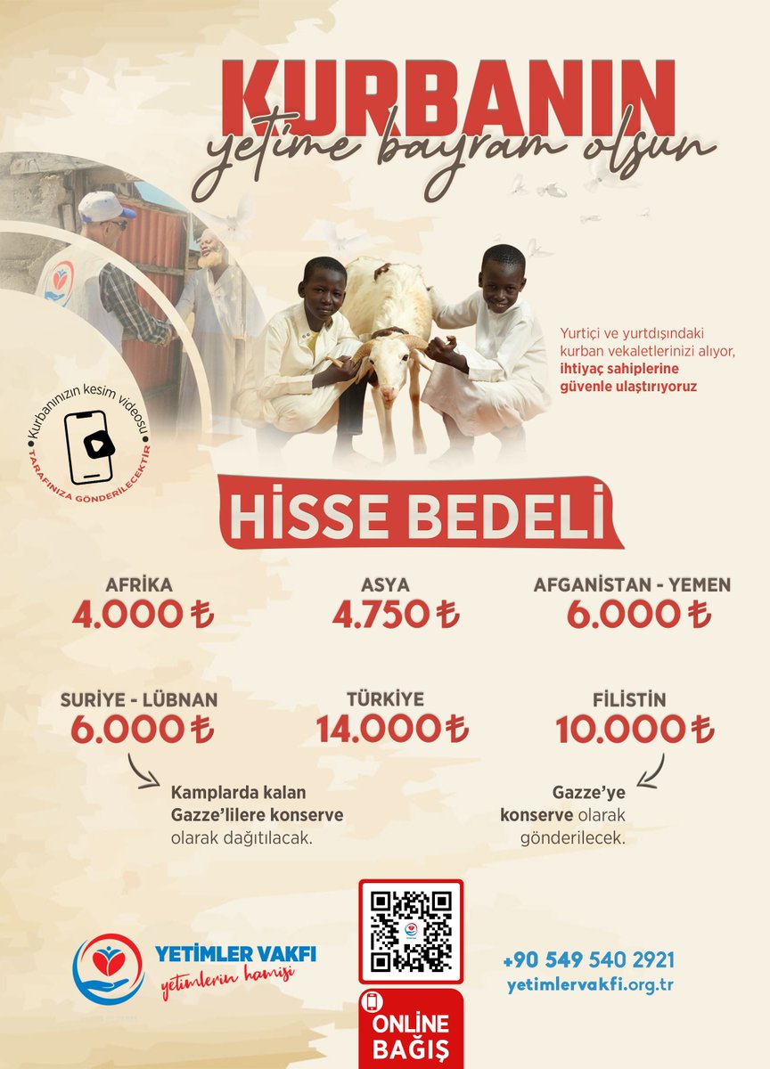Yetimler Vakfı olarak, 2025 Kurban Organizasyonu kapsamında, başta Türkiye olmak üzere
 dünyanın dört bir yanındaki mazlum ve ihtiyaç sahibi coğrafyalarda kurban kesimlerini İslami usullere uygun şekilde gerçekleştiriyoruz.

Vekâletini verdiğiniz kurbanlar, sadece bir ibadet