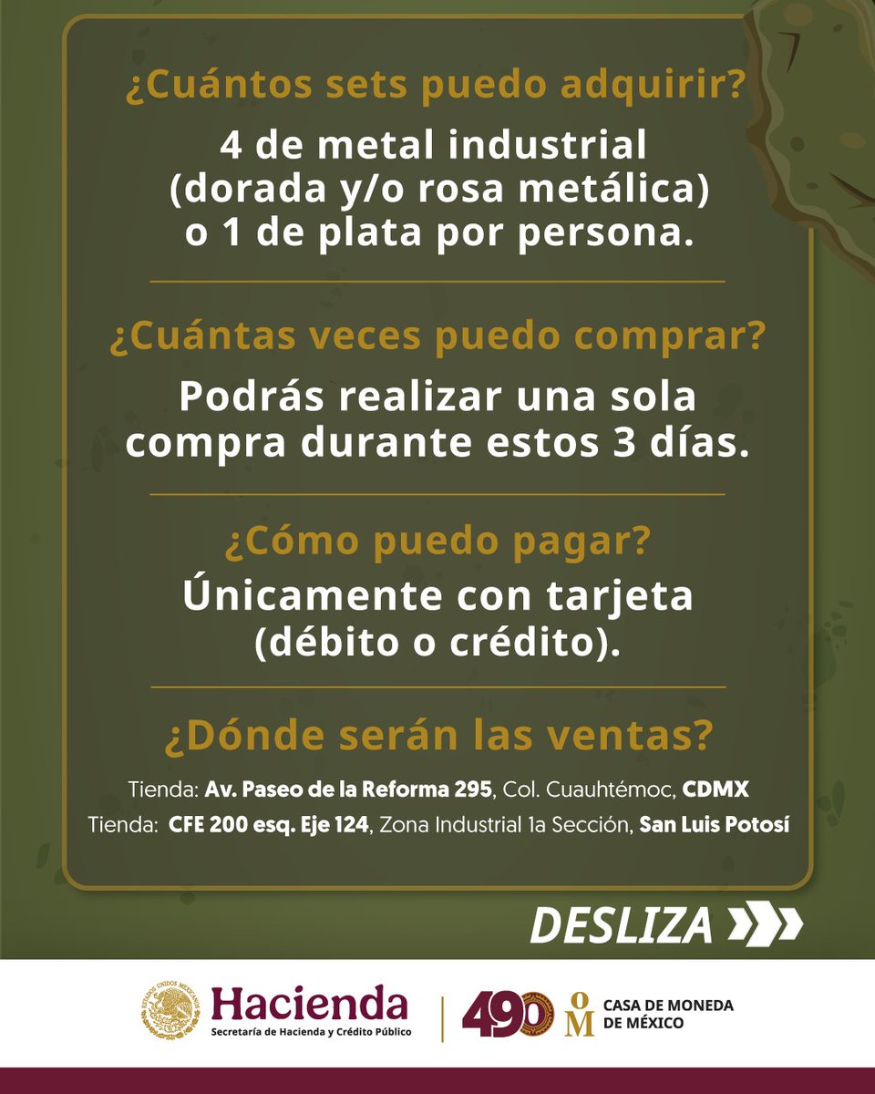 CasadeMonedaMx's tweet image. 🦖 ¡Coleccionistas del Cretácico, atentos!
La colección DINOSAURIOS DE MÉXICO llega este 21, 22 y 23 de mayo 
📍 Sucursales CDMX y SLP
💳 Solo con tarjeta
⚠️ Solo una compra por persona:
👉 4 sets de metales industriales o 1 set de plata 🔥
#DinosauriosDeMéxico