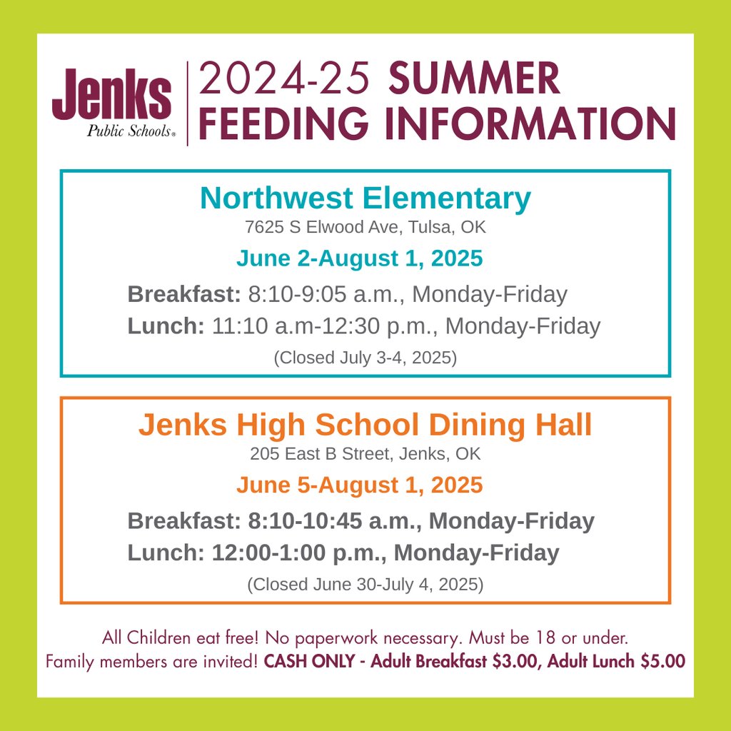 The JPS Summer Feeding Program is BACK!  🍔🥦🍇
Jenks Northwest Elementary starts June 2, &amp; the Jenks High School Dining Hall starts June 5. All Children eat free! No paperwork! Must be 18 or under. Family members are invited! Adult breakfast is $3 &amp; adult lunch is $5. Cash only!