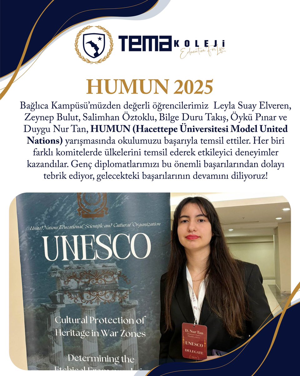 Bağlıca Kampüsü’müzden değerli öğrencilerimiz  Leyla Suay Elveren, Zeynep Bulut, Salimhan Öztoklu, Bilge Duru Takış, Öykü Pınar ve Duygu Nur Tan, HUMUN (Hacettepe Üniversitesi Model United Nations) yarışmasında okulumuzu başarıyla temsil ettiler.
