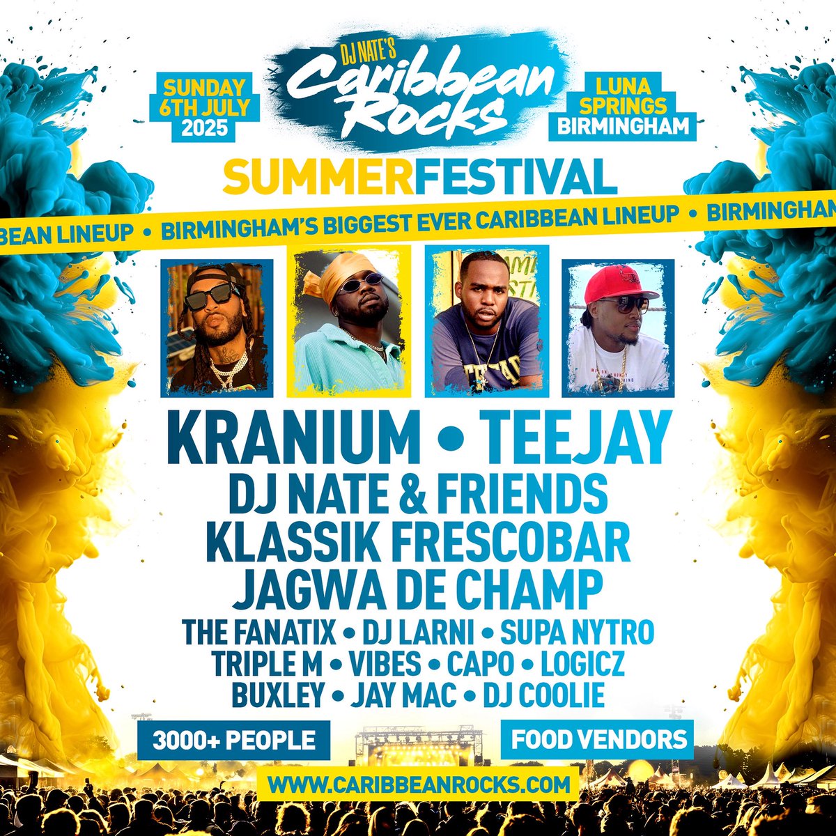 Caribbean Rocks Festival 2025 
Sun 6th July 📌 Birmingham

Kranium
Teejay
DJ Nate &amp; Friends:
Klassik Frescobar
Jagwa De Champ
&amp; a huge list of DJs &amp; hosts

Tickets on sale Monday at 1PM ⏰
Sign up 🔗 caribbeanrocks.com