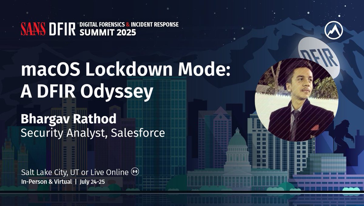 sansforensics's tweet photo. Join us at #DFIRSummit when @malwr4n6 dives into how macOS Lockdown Mode reshapes #DigitalForensics — what’s restricted, what changes, &amp; what artifacts #DFIR pros can still uncover.

🗓️ Summit: Jul 24-25
📍 Salt Lake City &amp; Free Live Online

➡️ Register: https://t.co/8xAvn3Har6 https://t.co/0a48lALxOY