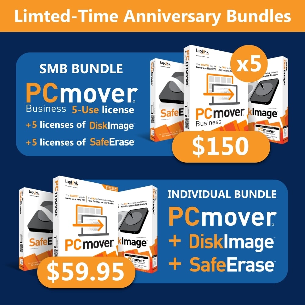 Laplink's tweet image. We’re offering two powerful bundles to make your Windows 10 migration effortless:
🧰 INDIVIDUAL BUNDLE
PCmover + DiskImage + SafeErase – $59.95
🏢 SMB BUNDLE
5 licenses of each PCmover Business + DiskImage + SafeErase – $150
Valid May 12–16
Learn more: hubs.la/Q03mfPr_0