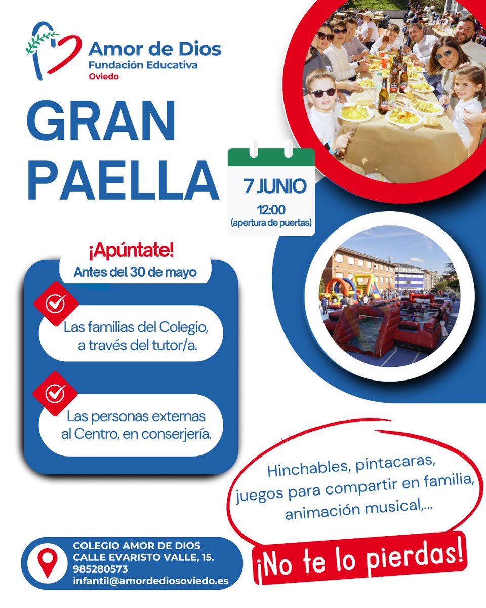 El  7 de junio te esperamos en el colegio para disfrutar de una deliciosa paella y un montón de sorpresas: ¡hinchables, pinta caras, juegos, música y muchísima diversión para todos! 🥳 ¡Un día perfecto para compartir y celebrar juntos! ¡No te lo pierdas!