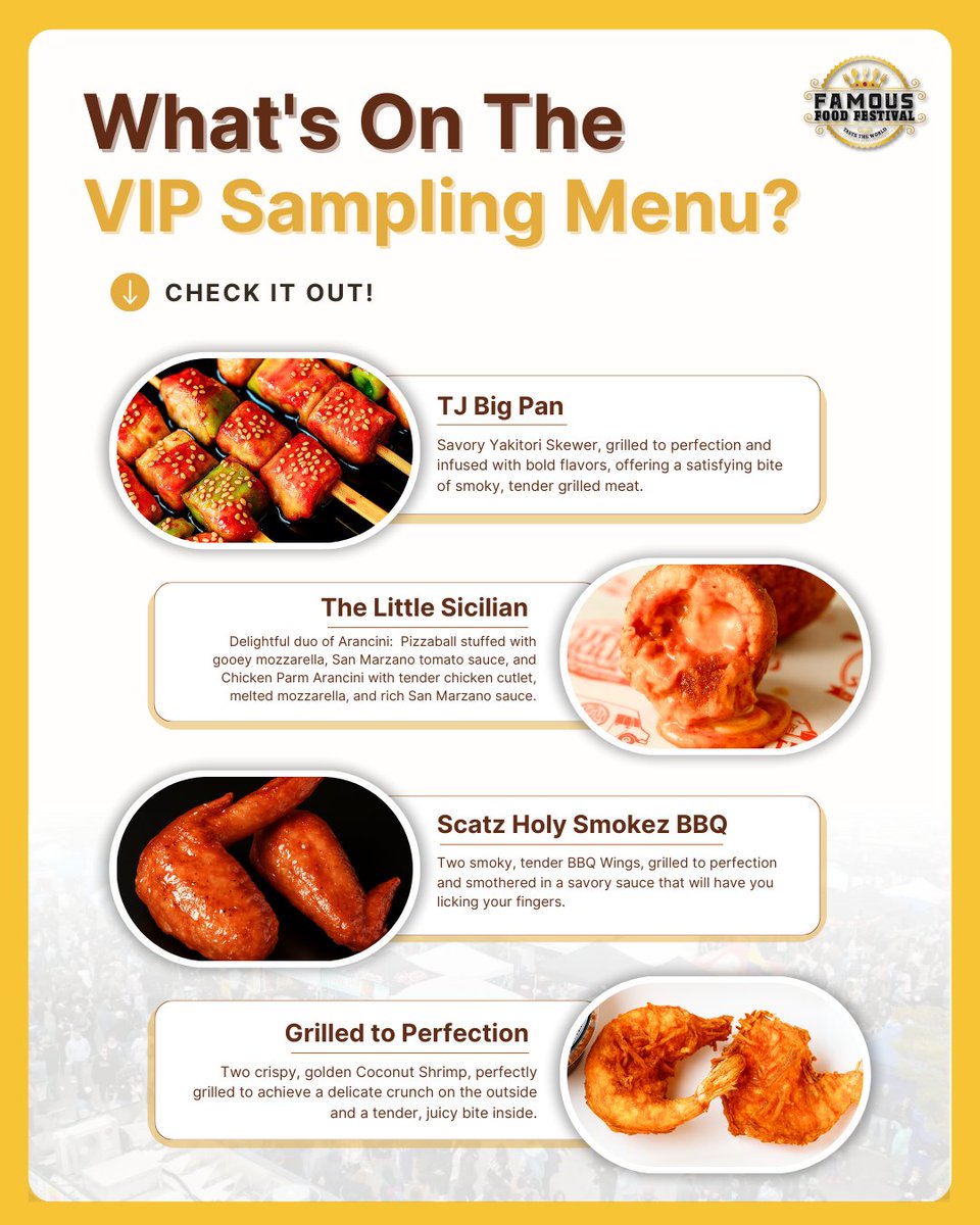FamousFoodFest's tweet image. What’s on our #VIPSamplingMenu?  👀

You’ll get 12 sample-size portions from our #topvendors—curated just for our VIPs. 🍽️
It’s the perfect way to try a little bit of everything!
#VIPtickets are limited, so don’t miss out! 🎟️

#famousfoodfestival2025 #longislandfestival