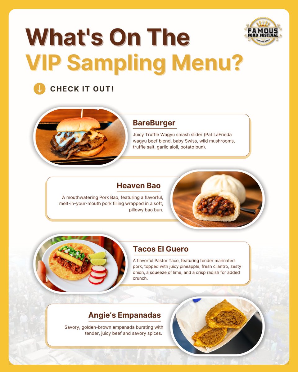 FamousFoodFest's tweet image. What’s on our #VIPSamplingMenu?  👀

You’ll get 12 sample-size portions from our #topvendors—curated just for our VIPs. 🍽️
It’s the perfect way to try a little bit of everything!
#VIPtickets are limited, so don’t miss out! 🎟️

#famousfoodfestival2025 #longislandfestival