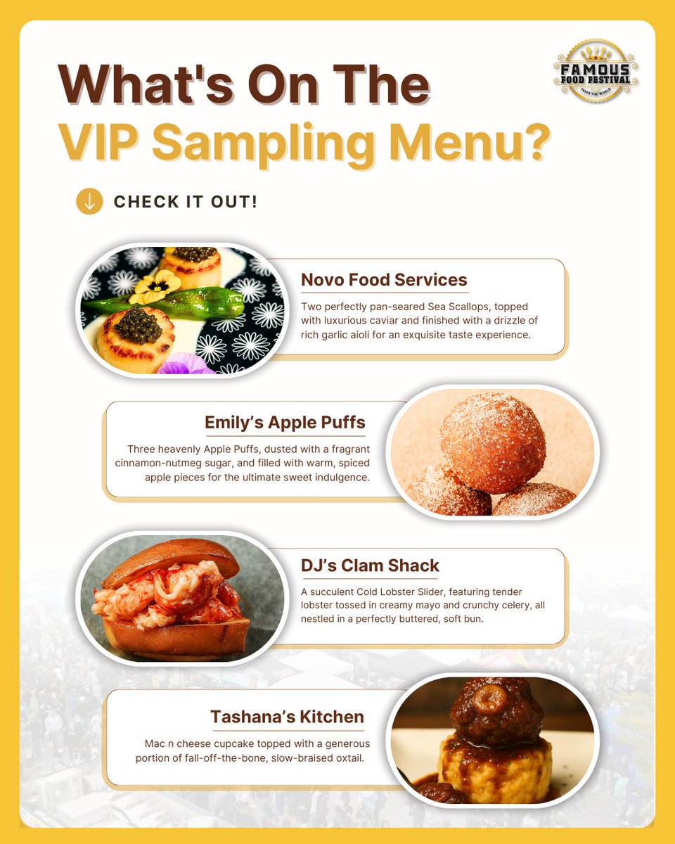 FamousFoodFest's tweet image. What’s on our #VIPSamplingMenu?  👀

You’ll get 12 sample-size portions from our #topvendors—curated just for our VIPs. 🍽️
It’s the perfect way to try a little bit of everything!
#VIPtickets are limited, so don’t miss out! 🎟️

#famousfoodfestival2025 #longislandfestival