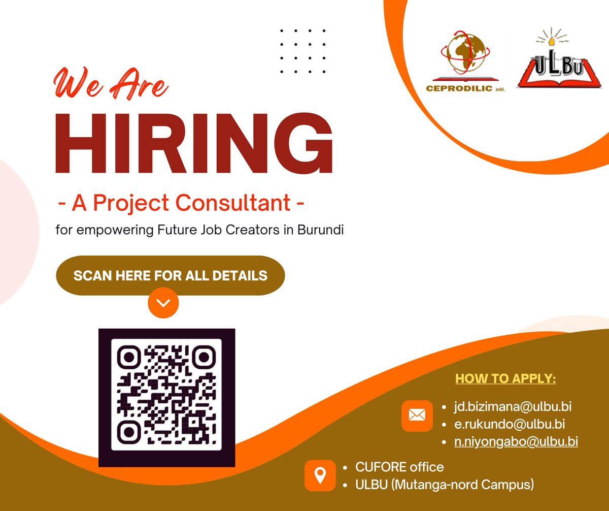 📌Are you interested in shaping the future of student entrepreneurship in Burundi?

Our institution x <a href="/ceprodilic/">Ceprodilic, ASBL</a>, are seeking for a visionary "Project Consultant" to design and implement a transformative university-centered empowerment program.
#ULBUcommunity #ULBUfutureleaders