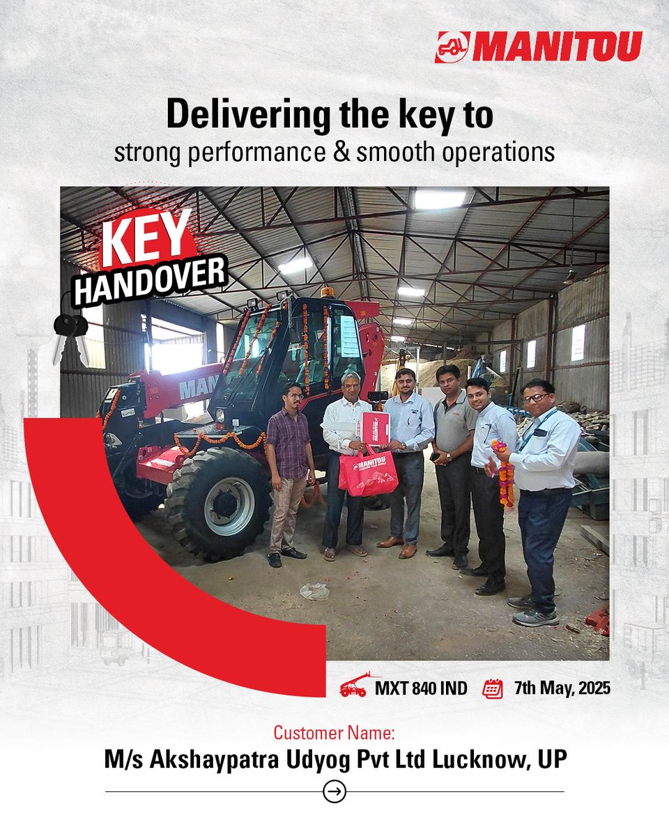 manitou_india's tweet photo. Congratulations to M/s Akshaypatra Udyog Private Limited, the proud new owner of the powerful & versatile Manitou MXT 840 IND. We are excited to see how our machine contributes to your work and look forward to a strong partnership.
#MachineHandover #ManitouInIndia https://t.co/vWzicA09M1