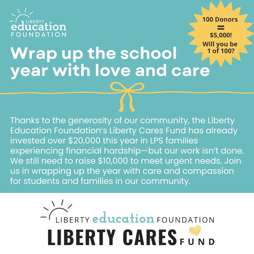 LibertyEdFdn's tweet image. An anonymous donor has stepped up with a $5K challenge gift—if 100 community members donate before the end of the school year.
Our Liberty Cares Fund supports @LIBERTYSCHOOLS students and families in need. Will you be 1 of our 100? Give now and share! givebutter.com/libertycares25