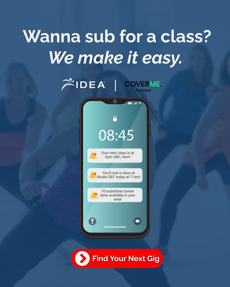 ideafit's tweet photo. 👋 Group-Ex Pros! Tired of empty class slots on your calendar?

📲 Opt-in now at https://t.co/SMAXF3gePT, download and claim your profile inside the CoverMe App, and start accepting paid cover gigs today. 

#FitnessInstructor #GroupExercise #CoverMeApp #TeachMoreEarnMore #FitPros https://t.co/DCgrQyoDEz