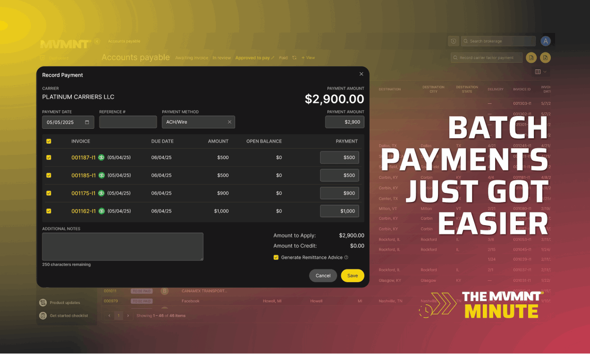 Still paying invoices one by one?
Now you can pay multiple invoices in a click—and auto-send remittance advice.
👇 Learn how Batch Payments work
🔗 hubs.la/Q03mBmXm0

#freighttech #logisticssoftware #brokers #TMS #APautomation
