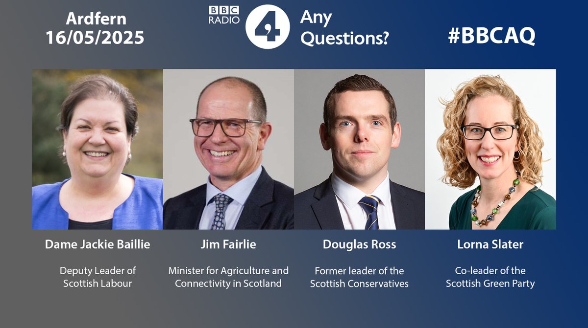 BBC Politics (@bbcpolitics) on Twitter photo On this week’s Any Questions? <a href="/AlexForsythBBC/">Alex Forsyth</a> is joined in Ardfern, in Argyll and Bute by Dame Jackie Baillie, Jim Fairlie, Douglas Ross and Lorna Slater
Listen 8pm Friday / 1.10pm Saturday on <a href="/BBCRadio4/">BBC Radio 4</a> or on demand on <a href="/BBCSounds/">BBC Sounds</a>
#BBCAQ bbc.in/4dhPPBj On this week’s Any Questions? <a href="/AlexForsythBBC/">Alex Forsyth</a> is joined in Ardfern, in Argyll and Bute by Dame Jackie Baillie, Jim Fairlie, Douglas Ross and Lorna Slater
Listen 8pm Friday / 1.10pm Saturday on <a href="/BBCRadio4/">BBC Radio 4</a> or on demand on <a href="/BBCSounds/">BBC Sounds</a>
#BBCAQ bbc.in/4dhPPBj