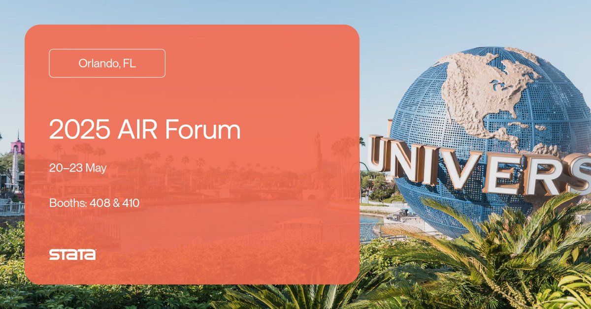 Stata (@stata) on Twitter photo Weโre gearing up for <a href="/air4data/">Association for Institutional Research (AIR)</a>โs 2025 #AIRForum!
Our team is prepping materials, packing boxes and getting ready to head to Orlando.
๐Find us at booths 408 & 410
๐
May 20โ23
Stop by to talk Stata, see whatโs new, and pick up some swag!
#Stata19 #InstitutionalResearch Weโre gearing up for <a href="/air4data/">Association for Institutional Research (AIR)</a>โs 2025 #AIRForum!
Our team is prepping materials, packing boxes and getting ready to head to Orlando.
๐Find us at booths 408 & 410
๐
May 20โ23
Stop by to talk Stata, see whatโs new, and pick up some swag!
#Stata19 #InstitutionalResearch