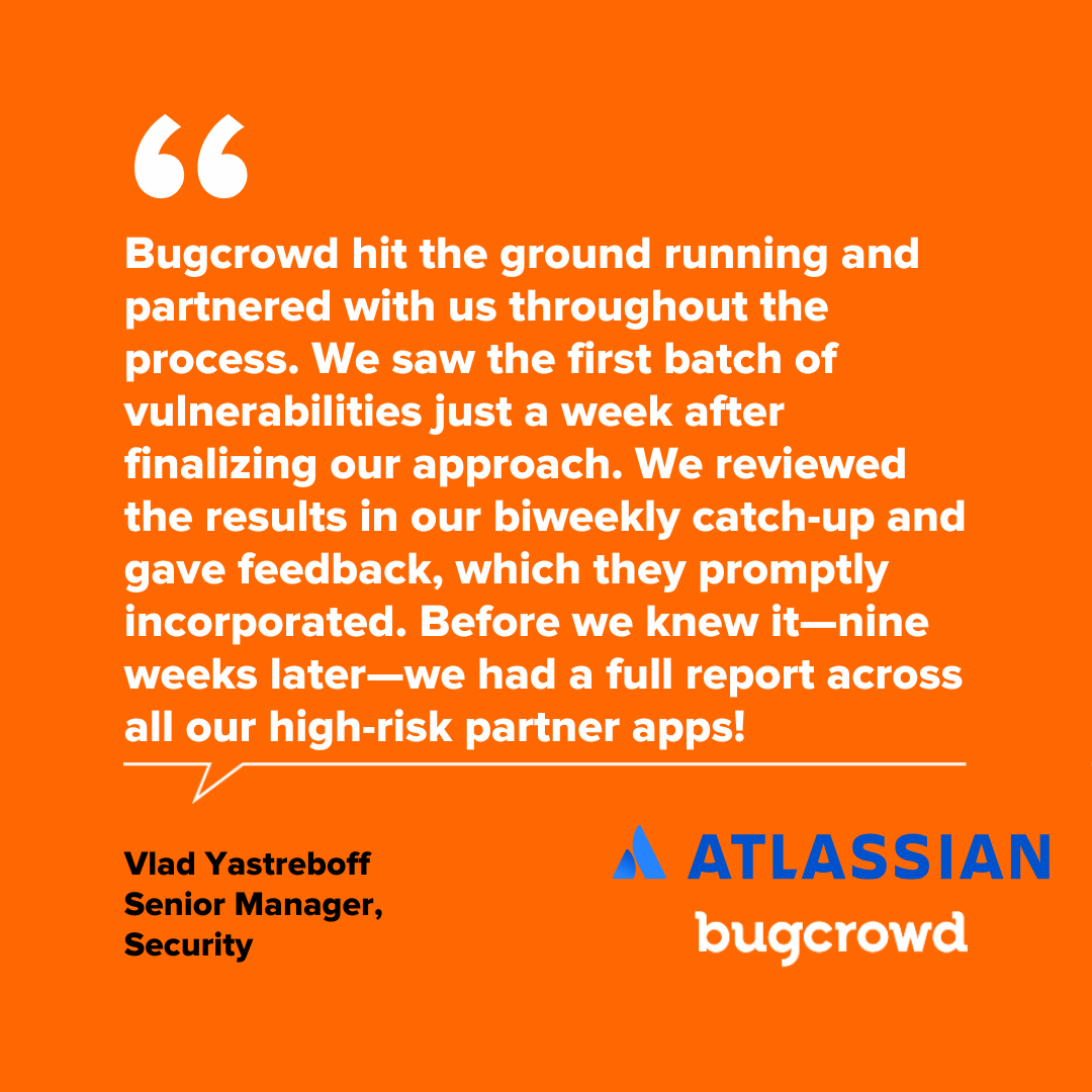 Bugcrowd's tweet image. We love our partnership with Atlassian! 

From fast findings to tight collaboration, this quote says it all 💭

Start to scale, broken down here → bugcrowd.com/customer/atlas…

#Bugcrowd #IngenuityUnleashed #Cybersecurity #Atlassian