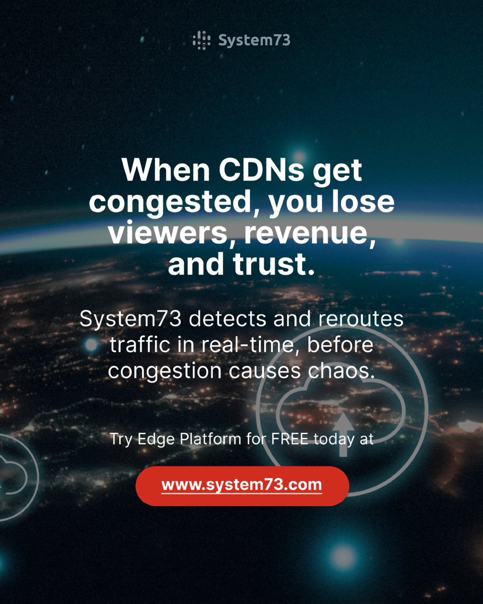 🚨Buffering = lost trust.❌
CDN overload = lost revenue.❌
System73 = solution.✅
Our Edge Platform detects congestion before it hits and reroutes traffic in real time ⚡

Try it today at system73.com