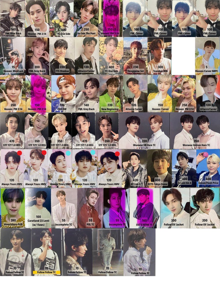 wts lfb seventeen photocards hatian svt pc yzy pob

Price on pic
❤️ 1:1 unmarked
🩵 1:2 unmarked

- flexi dop, free pf
- on hand
- las piñas
- x sensi &amp; impatient, mostly from merca, yd, cn

seungcheol jeonghan joshua jun hoshi wonwoo woozi the8 mingyu dk seungkwan vernon dino