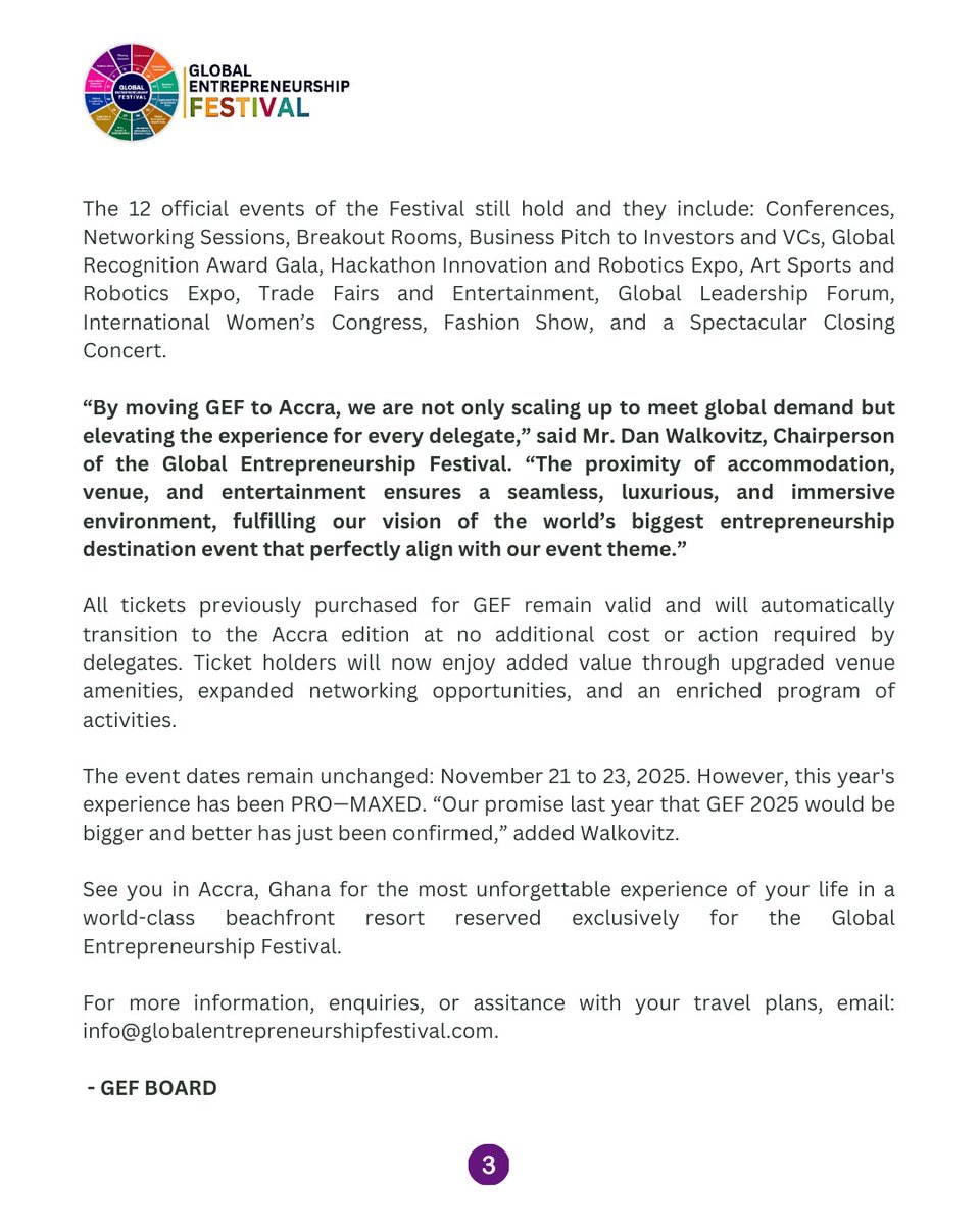 Global Entrepreneurship Festival Press Release

#GEF #GEF2025 #GEFGhana #GlobalEntrepreneurshipFestival #Globalentrepreneurshipweek