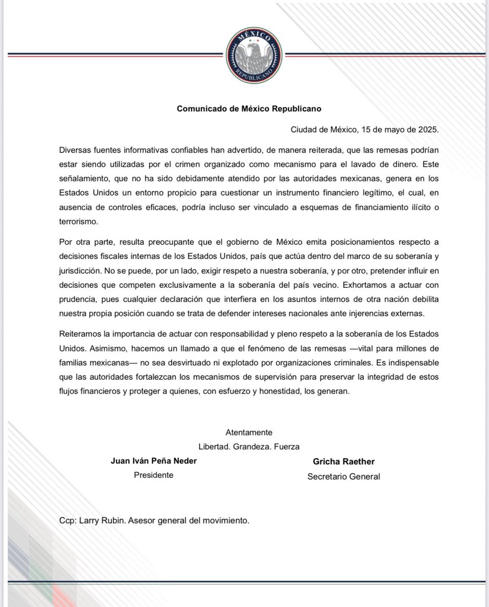 MexRepublicano's tweet photo. Las remesas son un instrumento legítimo que no debe ser criminalizado, pero tampoco ignorado en su potencial uso por el crimen organizado. Exigimos respeto a la soberanía de ambos países y prudencia en los posicionamientos públicos.

Libertad. Grandeza. Fuerza.
#MéxicoRepublicano 

@Claudiashein @GobiernoMX @SEGOB_mx @SRE_mx @Notimex @MexiConserva @ALXAM13 @CPAC @CPACMexico @VOX_Europa_ @VOX_Congreso @alianza_gop @LibertarioMexa @CxLibertad @ACNUR_es @LibertadAni