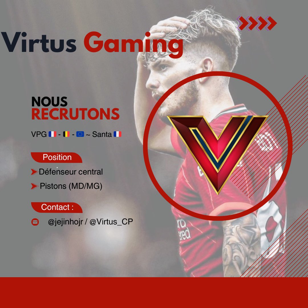 𝖩𝖾𝗃𝗂𝗇𝗁𝗈 𝖩𝗋 ♛ (@jejinhojr) on Twitter photo Afin de finir au mieux cette S3 la <a href="/Virtus_CP/">Virtus Gaming</a> est à la recherche de DC et MD/MG capable de jouer dans un 3-1-4-2 ou 3-5-2 (compos modulables).
Nous sommes engagés sur VPG 🇫🇷🇧🇪🇪🇺 et Santa 🇫🇷.
N’hésitez à nous contacter si vous êtes intéressés. 😄 Afin de finir au mieux cette S3 la <a href="/Virtus_CP/">Virtus Gaming</a> est à la recherche de DC et MD/MG capable de jouer dans un 3-1-4-2 ou 3-5-2 (compos modulables).
Nous sommes engagés sur VPG 🇫🇷🇧🇪🇪🇺 et Santa 🇫🇷.
N’hésitez à nous contacter si vous êtes intéressés. 😄
