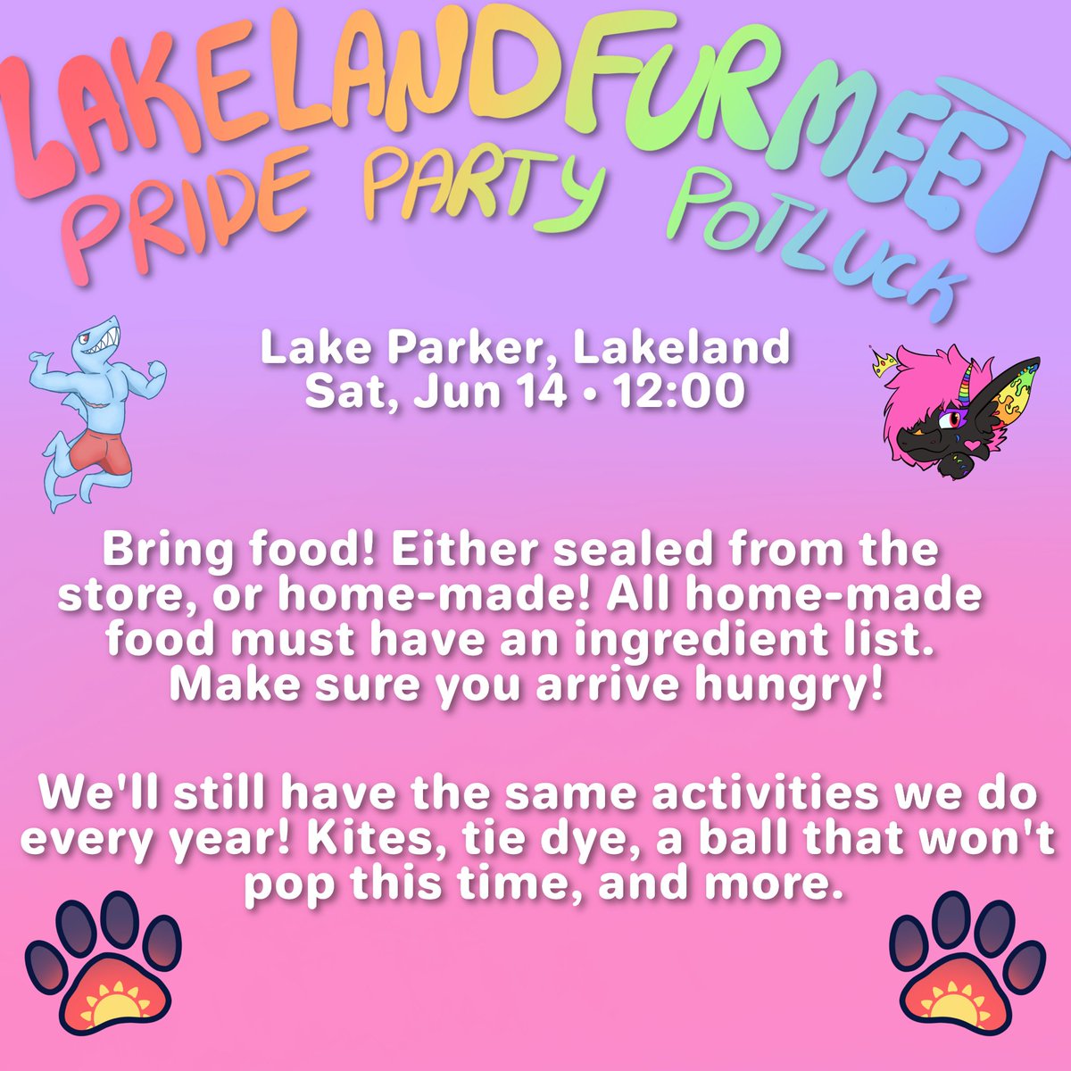 Happy #fursuitfriday ! You know where you can wear your fursuit or cosplay? To our pride party potluck on Saturday, June 14th! 
We also have a pride pfp secret art trade going on in the discord, so enter soon!

#Floridafurries #SunFurs #Furry #Furrypride