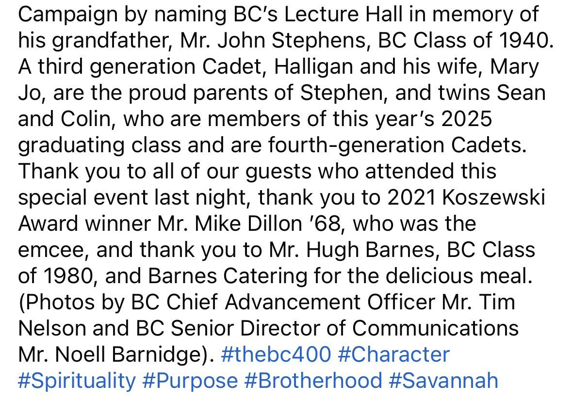 Congrats to Mr. Kevin Halligan, Benedictine Military School Class of 1993, who is the winner of the 2025 Colonel Stephen S. Koszewski Award! This distinguished alumni award is given for loyalty, service, &amp; devotion to #thebc400. It is the greatest honor a BC alumnus can receive.