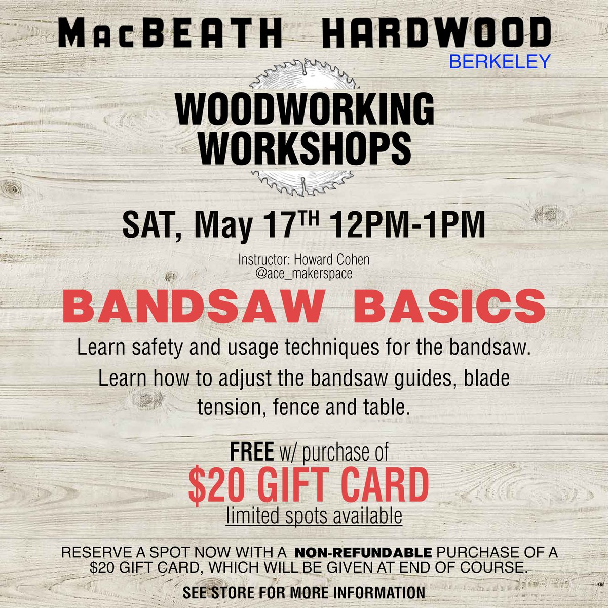 TOMORROW! Bandsaw Basics: Learn usage techniques and general tips, set-ups and blade changes!

SAT MAY 17TH
12PM - 1PM

FREE w/ Purchase of $20 gift card

-
-
-
#macbeath #hardwood #lumber #diy #bandsaw #laguna