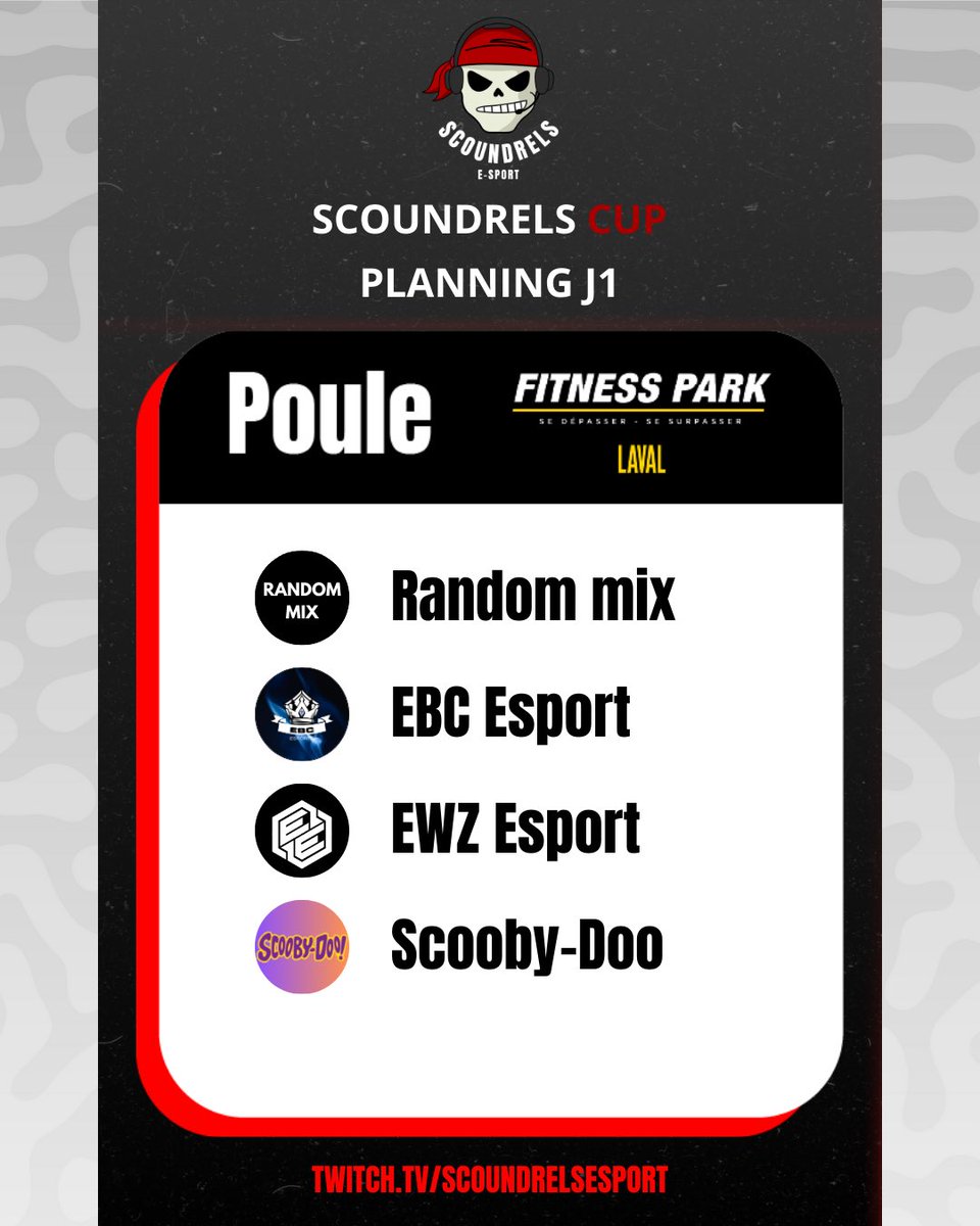Scoundrels_Es's tweet image. Programme du jour 📆

Début de la compétition ce soir avec la première poule : FitnessPark 🏋️💪

Rendez-vous sur twitch pour voir s’affronter les 4 équipes du soir : 

@EWZeSPORT 
#scooby-doo
#EBCesport
#RandomMix

Les 3 premiers de la poule se qualifient pour la phase suivantes