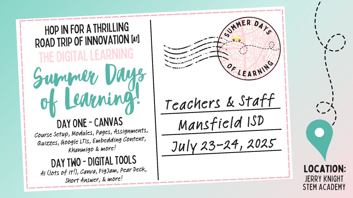 🚙Buckle up for a road trip of innovation at Digital Learning Summer Days, July 23–24 at JKSA! Dive into Canvas, AI, and tools to boost engagement &amp; productivity.
🎟️ Seats are limited—sign up now in Strive (Eduphoria)!