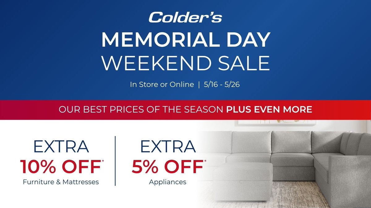 colderswi's tweet photo. ☀️ Colder’s Memorial Day Weekend Sale is here! ☀️

Our best prices of the season plus even more are here! Take 60% + 10% off furniture and mattresses, plus an extra 5% off on appliances! 🛋️🔧

Start your summer right! Shop local and save big: https://t.co/M93XLFTYVo https://t.co/uRyWJH2XAd