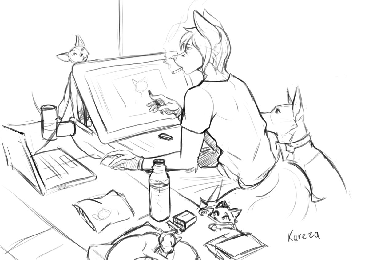 My fursona - Jay, malinois Valto, the cat Lassie and Victor with Alexey.