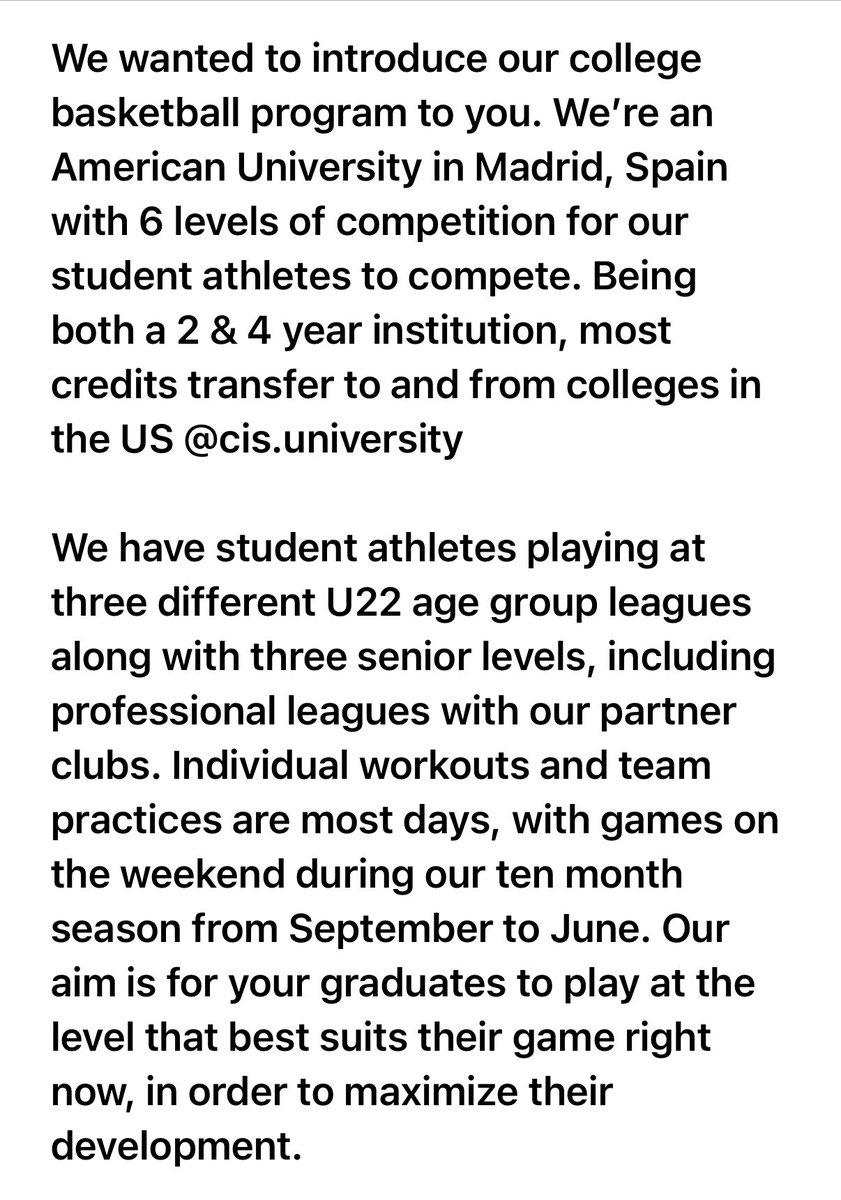 NE Prep Mens Basketball (@neprepbb) on Twitter photo American University
in Madrid, Spain
Looking for college basketball prospects
Partial scholarships available
Reach out to Graham Wilson
wilson@prohooper.com American University
in Madrid, Spain
Looking for college basketball prospects
Partial scholarships available
Reach out to Graham Wilson
wilson@prohooper.com