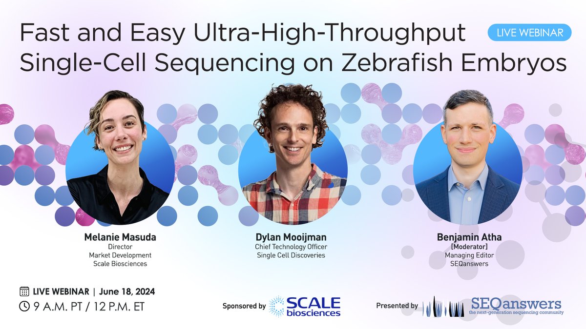 SEQanswers (@seqanswers) on Twitter photo Join us for a webinar with Dylan Mooijman as he shares his experience using <a href="/scalebio/">Scale Biosciences</a>'s new QuantumScale and ScalePlex workflows. Learn how these advanced scRNA-seq approaches perform on zebrafish embryos across developmental stages.
Register here: workcast.com/register?cpak=… Join us for a webinar with Dylan Mooijman as he shares his experience using <a href="/scalebio/">Scale Biosciences</a>'s new QuantumScale and ScalePlex workflows. Learn how these advanced scRNA-seq approaches perform on zebrafish embryos across developmental stages.
Register here: workcast.com/register?cpak=…