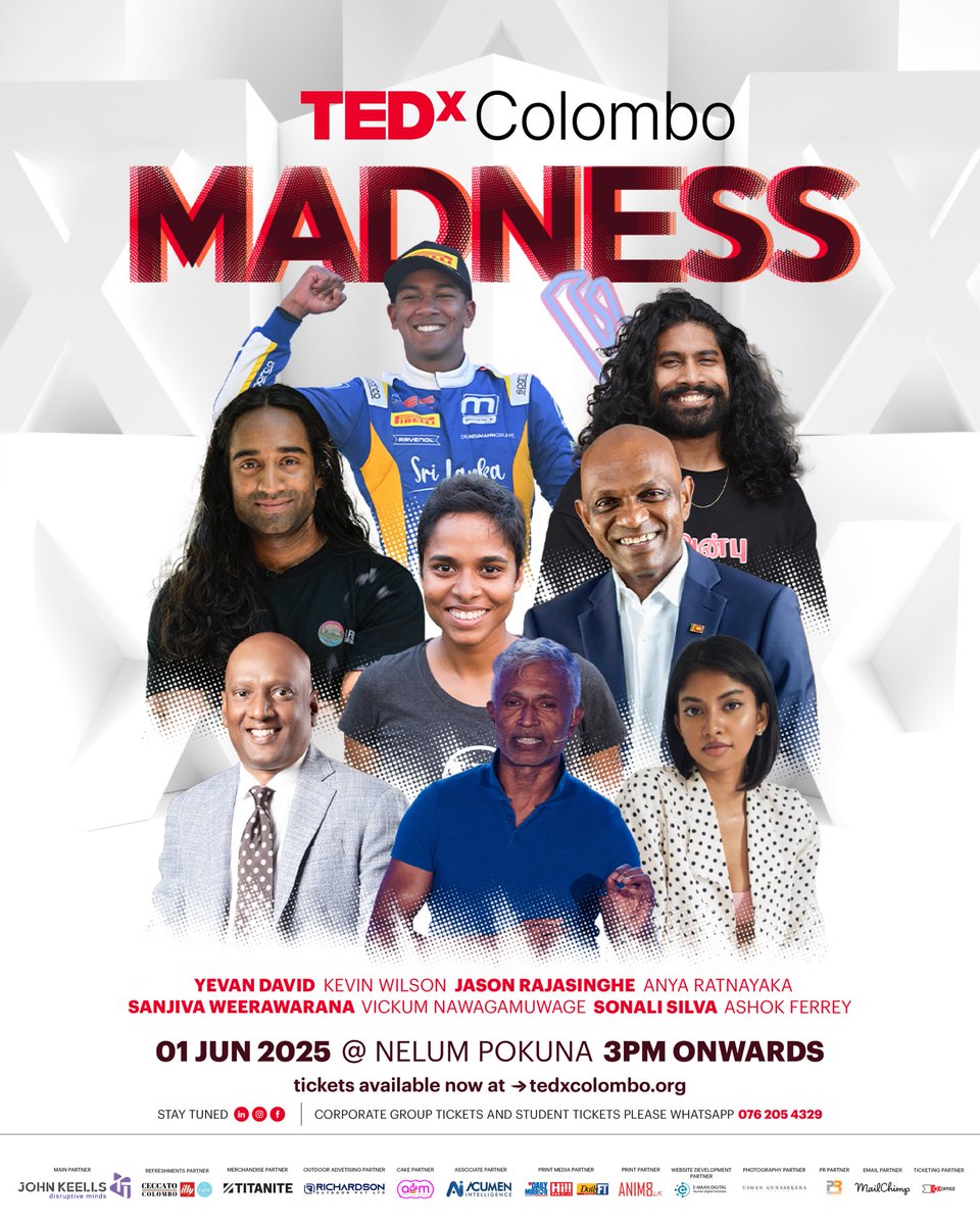 Meet the speakers with a spark of MADness for their passion. 

TEDxColombo 2025 is happening on the 1st of June at Nelum Pokuna. 

Get your tickets at tedxcolombo.org before they run out!