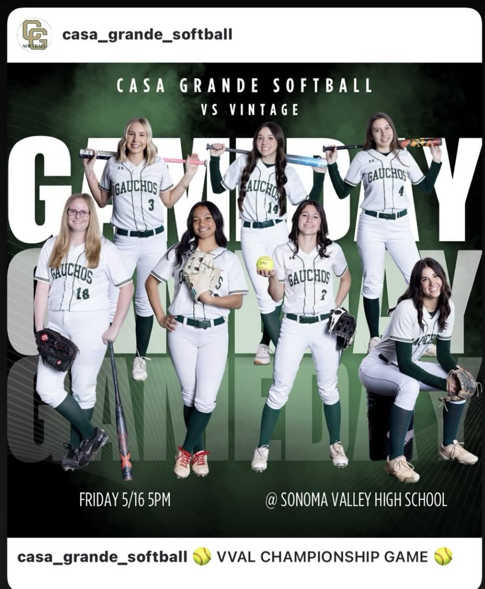 gaucho_softball's tweet photo. 🥎🥎GAME DAY🥎🥎 VVAL League Tourney Championship!
Casa vs Vintage. Spikes in the dirt 5pm @ Sonoma Valley High School! @JustGusPD @kodoherty22 @westcoastpreps_ @HaroldAbend @LKetchu2025 @Amcsw_franklin7 @Lpartridge2025 @veronicanm2026 @GeorgiaMoss2025 @mgallagher2027 https://t.co/YmiJt3Cm35
