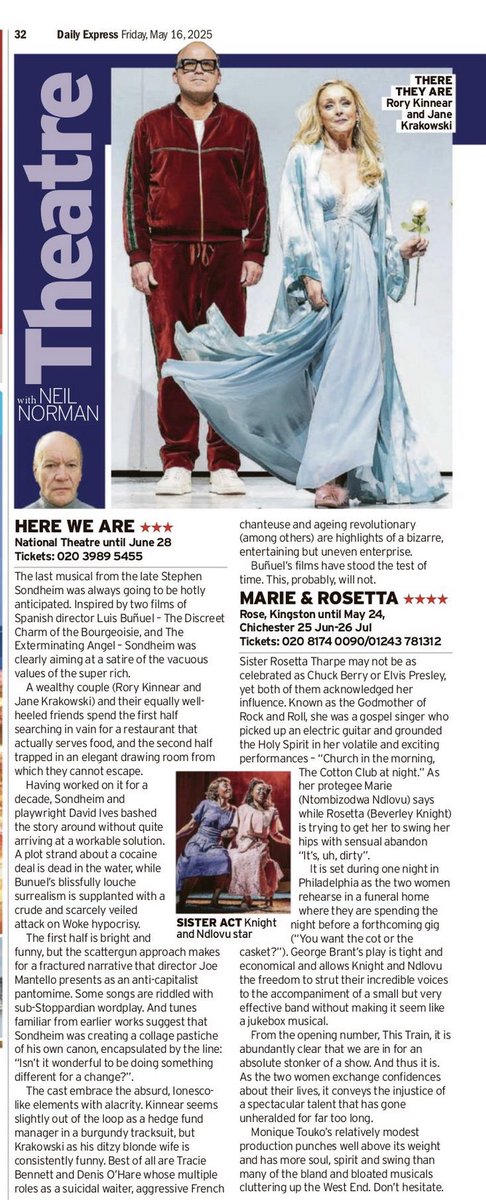 The day is Friday which means I have to do a bit of self-promotion and reveal my opinion of Here We Are at the National Theatre and Marie &amp; Rosetta at the Rose in Kingston. Both are plays with songs rather than musicals. Now read on...