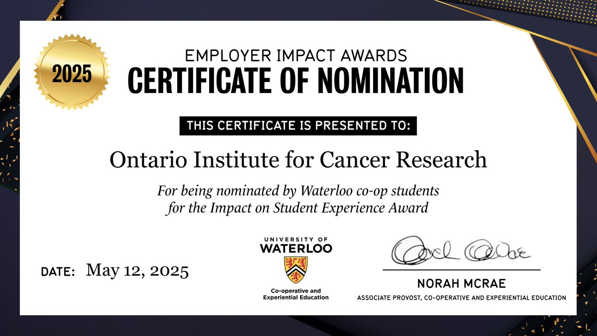 Ontario Institute for Cancer Research (OICR) (@oicr_news) on Twitter photo We are honoured to be nominated for a <a href="/HireWaterloo/">UWaterloo Co-operative and Experiential Education</a> Employer Impact Award for Student Experience and are calling on past and present Waterloo co-op students to vote for OICR! Don't delay, voting closes May 23!
🗳️ bit.ly/4dkkzBz We are honoured to be nominated for a <a href="/HireWaterloo/">UWaterloo Co-operative and Experiential Education</a> Employer Impact Award for Student Experience and are calling on past and present Waterloo co-op students to vote for OICR! Don't delay, voting closes May 23!
🗳️ bit.ly/4dkkzBz