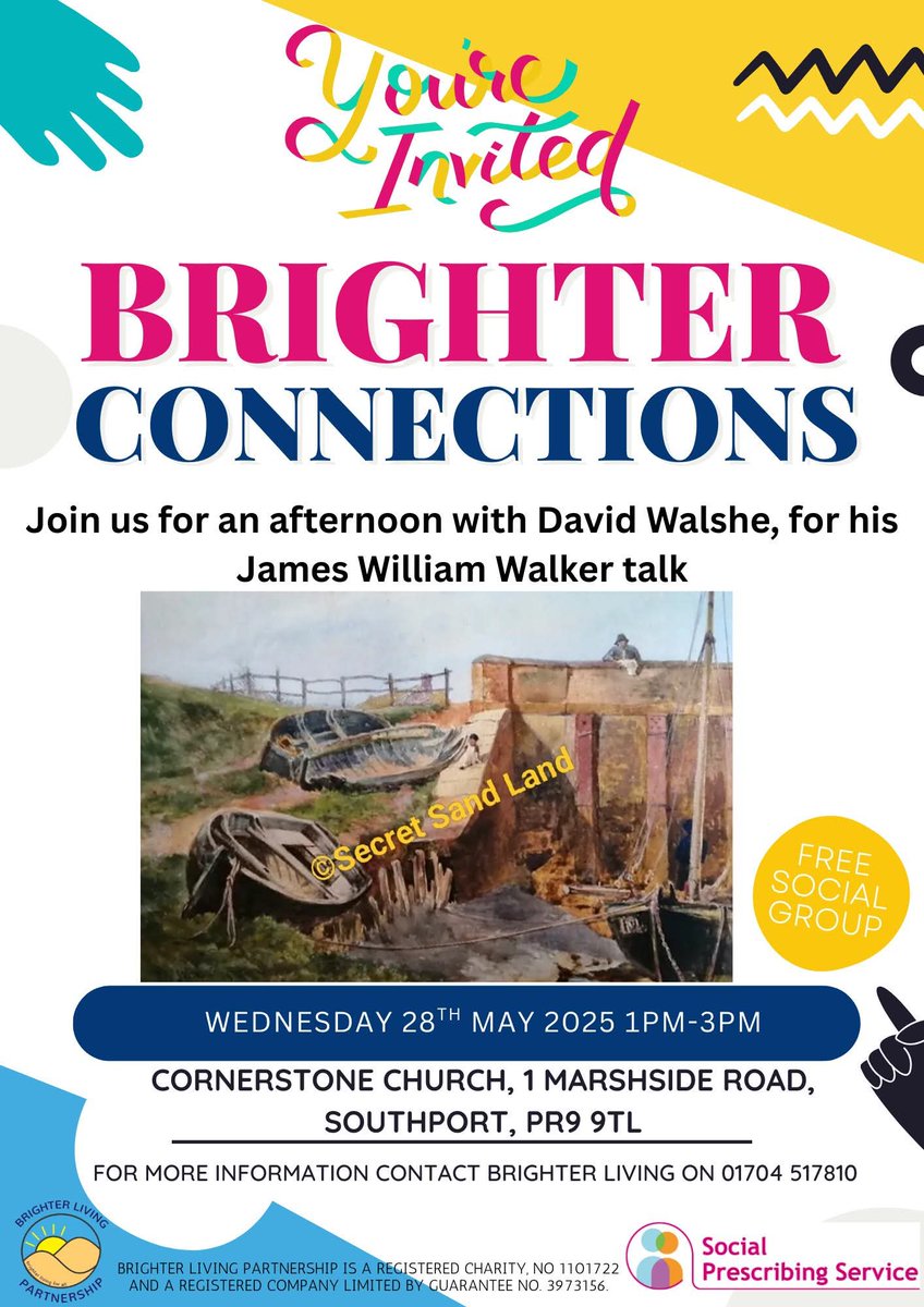 Secret Sand Land (@hiddensouthport) on Twitter photo Weds 28th May, in the Lounge at the Cornerstone Church, Marshside Rd.
I will give a talk about the artist, James William Walker and his images of #Southport
Free social group put on by <a href="/BrighterL/">Brighter Living Partnership</a> Weds 28th May, in the Lounge at the Cornerstone Church, Marshside Rd.
I will give a talk about the artist, James William Walker and his images of #Southport
Free social group put on by <a href="/BrighterL/">Brighter Living Partnership</a>